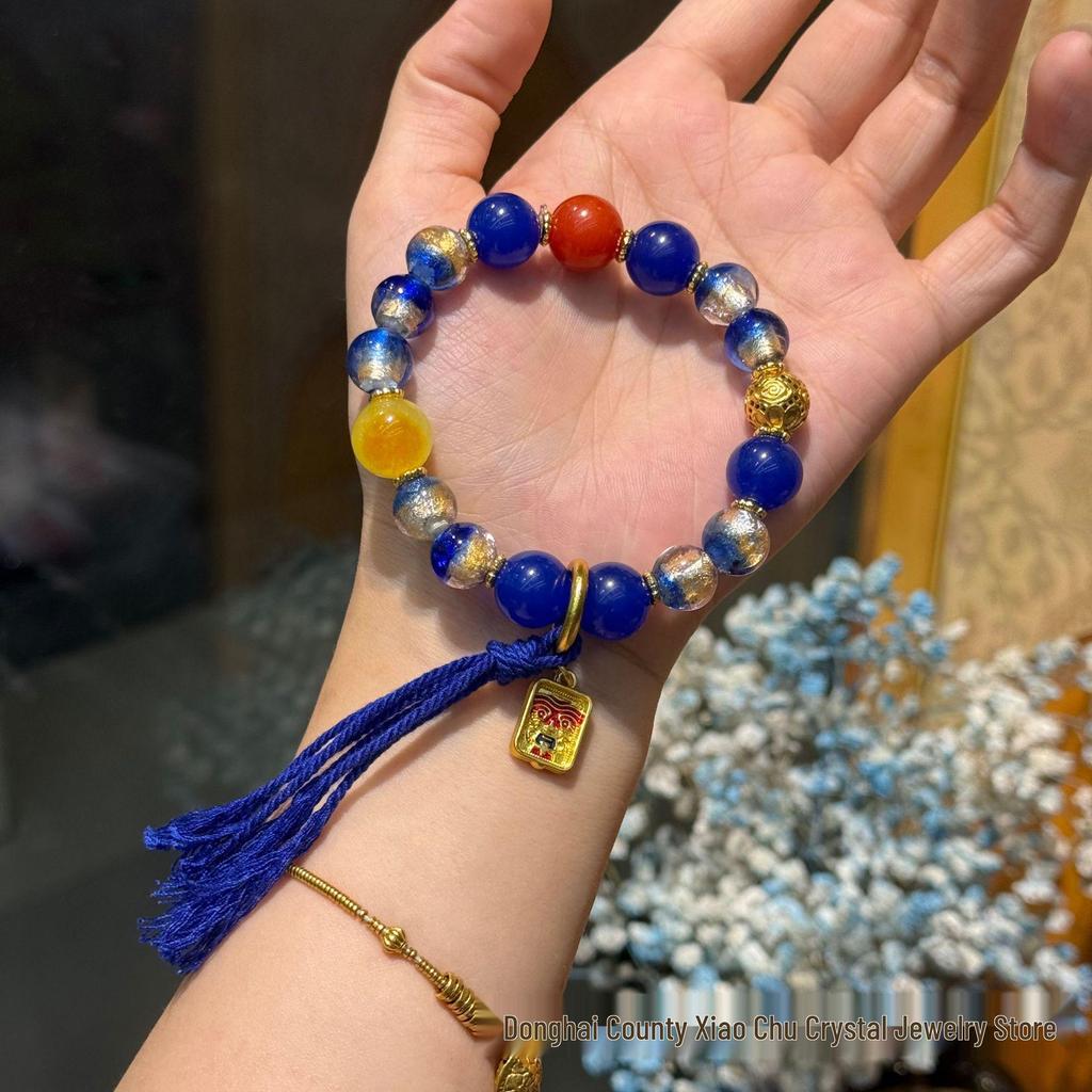 Popular Ancient Style Sugar Heart Bracelet with Five-Color Multi-Treasure Zha Ji Pendant and Blue Glaze