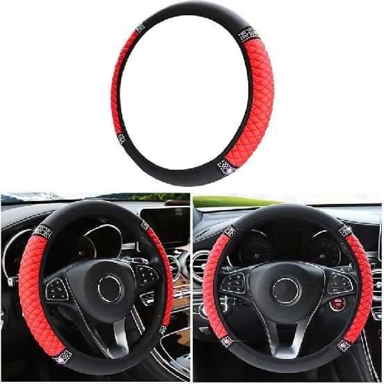 Bling Soft Leather Steering Wheel Cover, 15 Inch Colorful Rhinestones Auto Elastic Steering Wheel Protector, Sparkly Crystal Diamond For Women Girls,