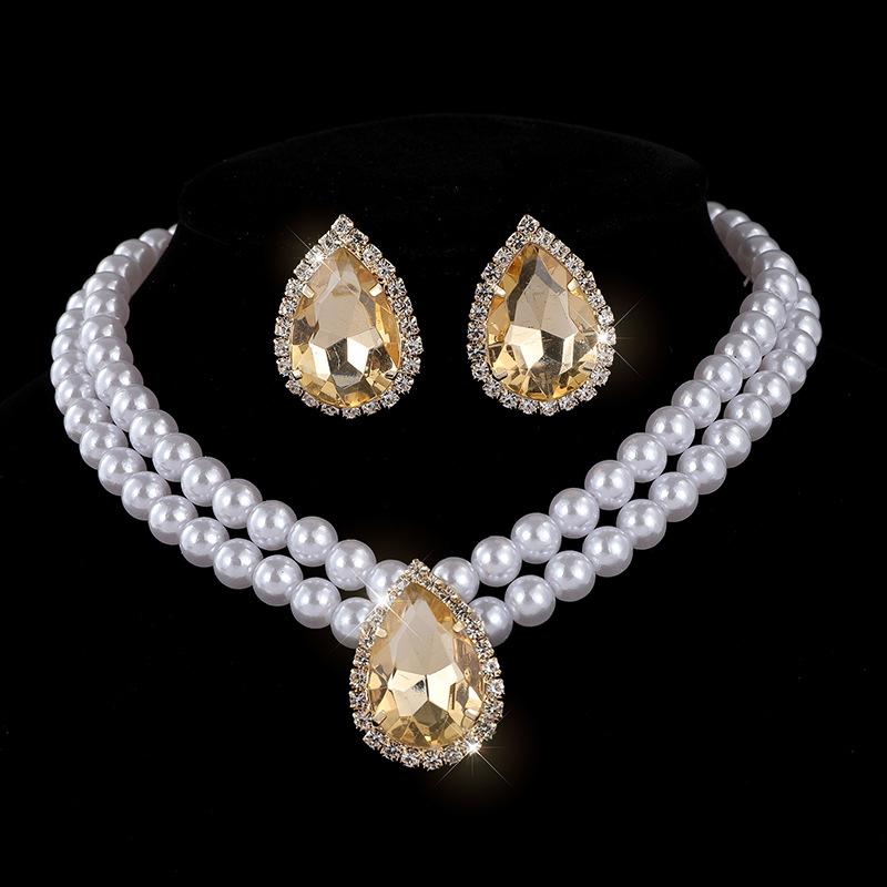 Pearl choker collarbone chain water drop bride multi-layer imitation pearl rhinestone necklace stud earrings set for women