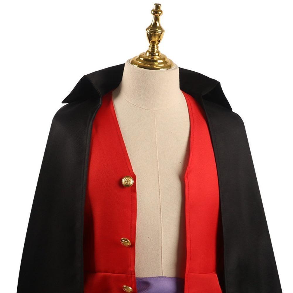 One Piece Onigashima Monkey D Luffy Cosplay Kostüm, Schwarzer Umhang Rote Weste Gelbe Hose mit Strohhut, Anime Halloween Rollenspiel Outfit für Erwachsene Kinder