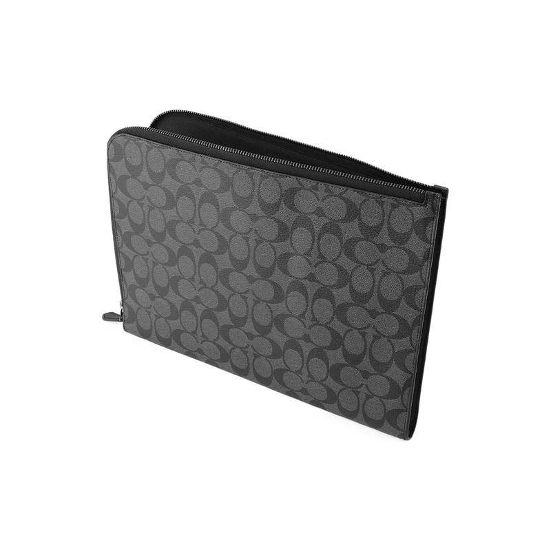 Coach L-Zip 33 Presbyopia Coated Canvas and Calfskin Computer Bag Briefcase Zipper Folder Bag Clutch Men's Charcoal Black