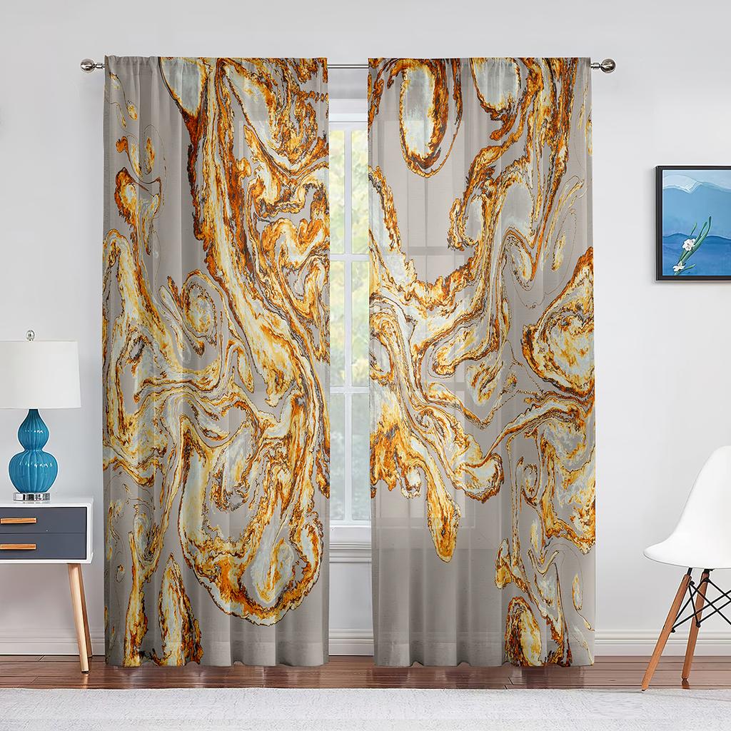 Marmor Guld Grå för Kök Vardagsrum Sovrum Inredning Abstrakt Modern Lyx Geometrisk Chiffong Tyll Gardiner Fönsterbehandling