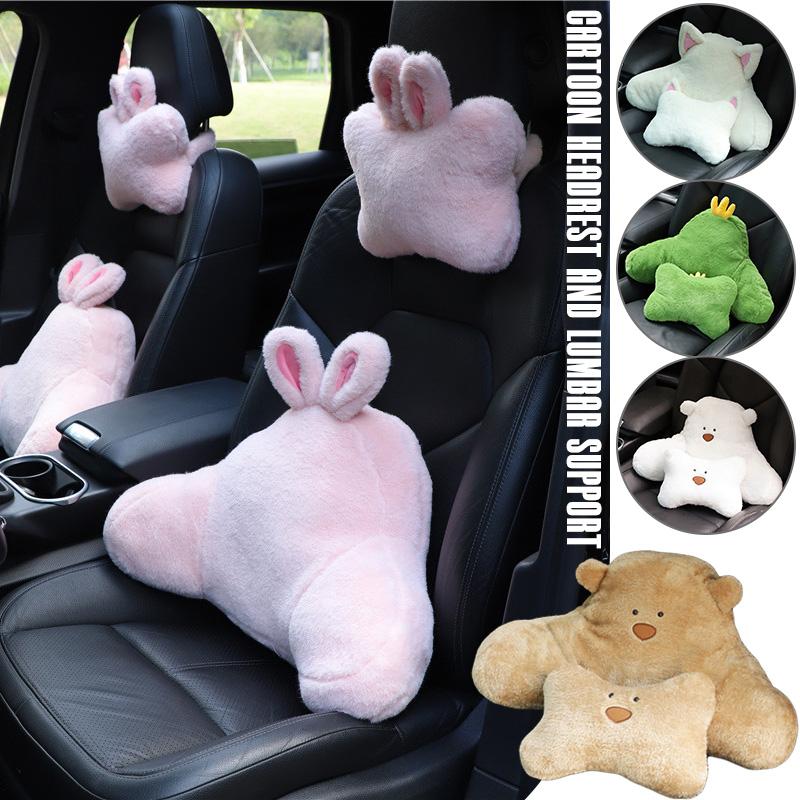 Cute Cartoon Plush Bear Rabbit Car Headrest Waist Pillow Soft Comfortable Cushion Lumbar Support Car Accessories Interior