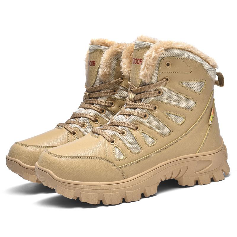 Outdoor Men's Fleece Lined Waterproof Cotton Snow Boots Winter Cotton Mountain Climbing Shoes Round Toe Mid Heel Boots Zapatos