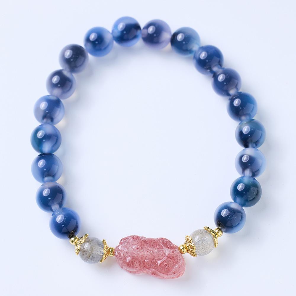 8MM Blue Agate & Strawberry Crystal Pixiu Heart Bracelet for Wealth & Love | Women s Gift