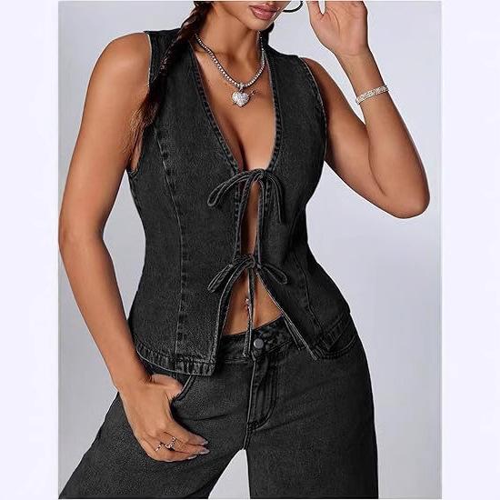 Women's Denim Vest Front Tie Crop Top Sleeveless V Neck Tank for Summer