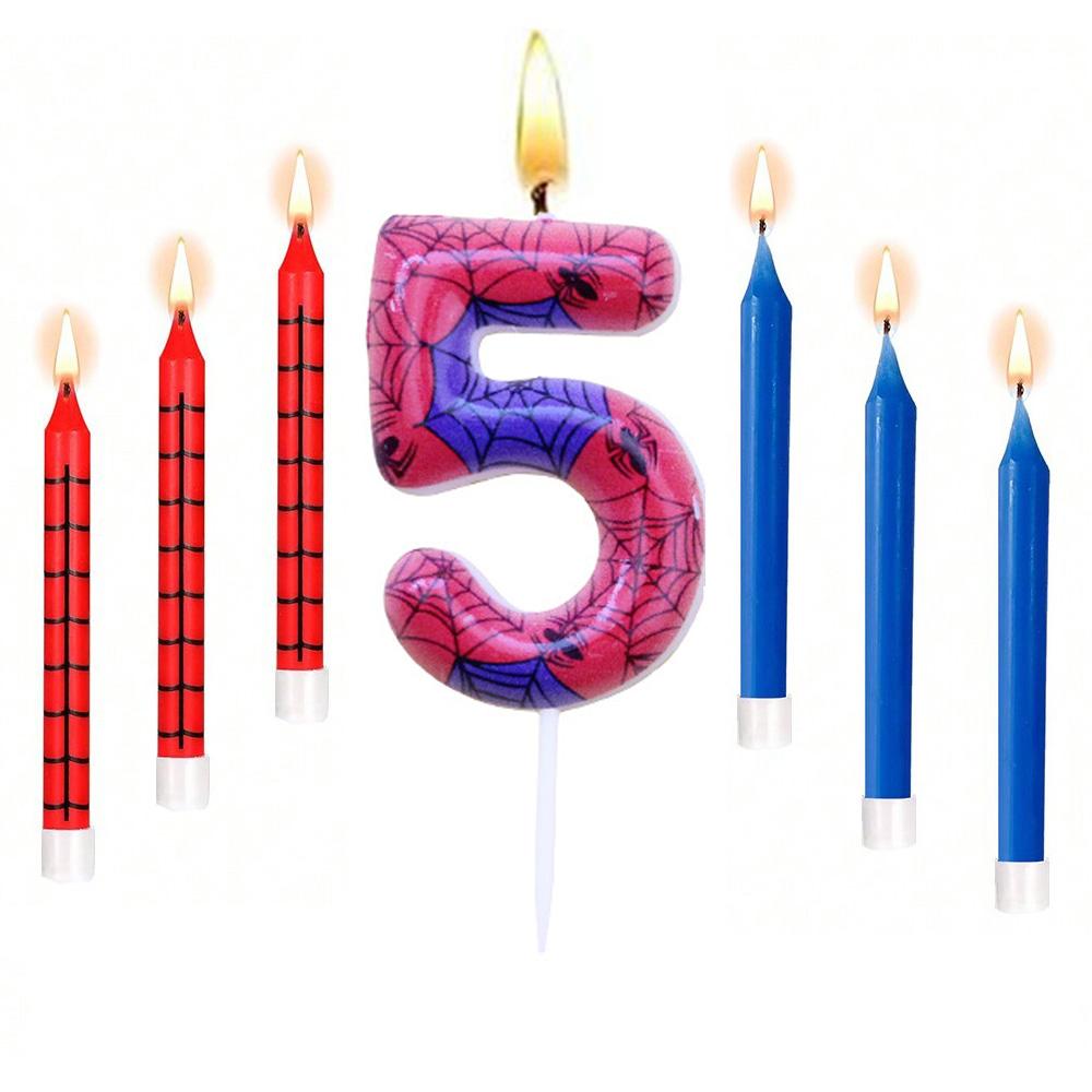 7pcs Red Blue Spider 8th Birthday Number Candles, Number 0-9 Candle Cake Topper Decorations for Spider Cartoon Themed Parties