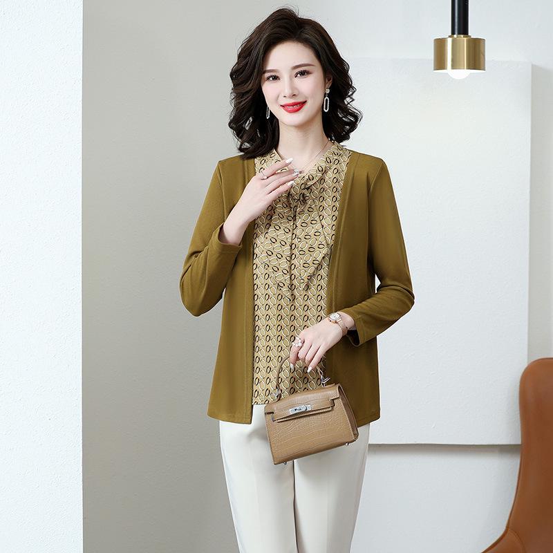 

2026 Spring Floral Print Knit Top for Stylish Middle-Aged Women - Faux Two-Piece Design 3XL (Weight 120-135 jin)
