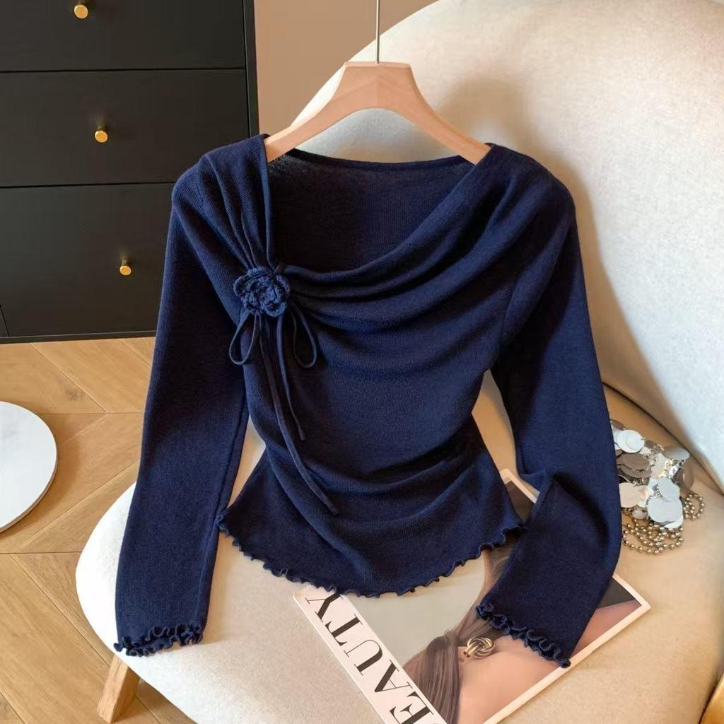 Elegant 3D Floral Lace-Up Knit Top for Women - Autumn/Winter 2025, Slimming Fit with Ruffled Collar