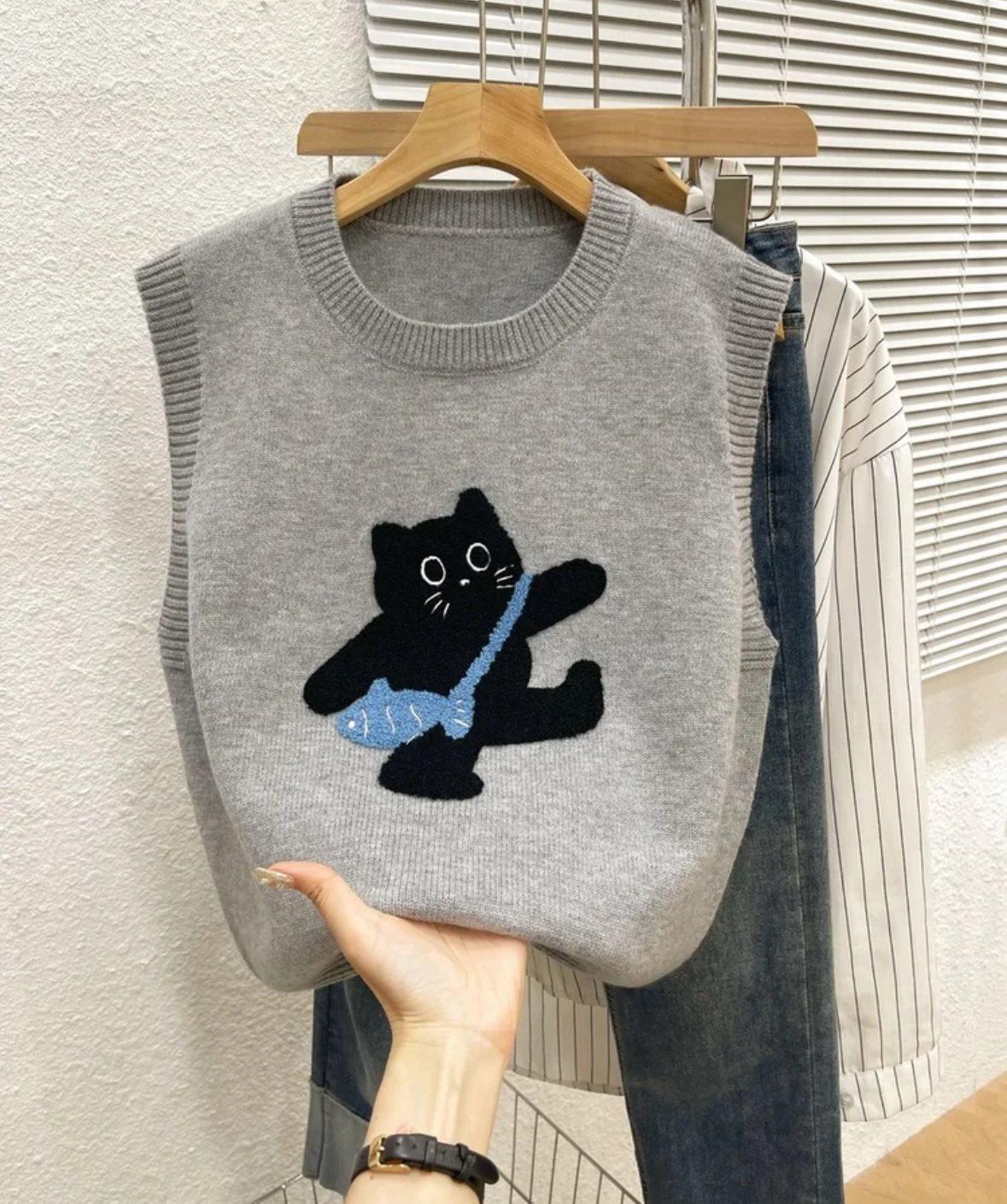 

Шикарный вязаный жилет без рукавов с вышивкой «Шик котенка» для многослойности осенью-зимой серый