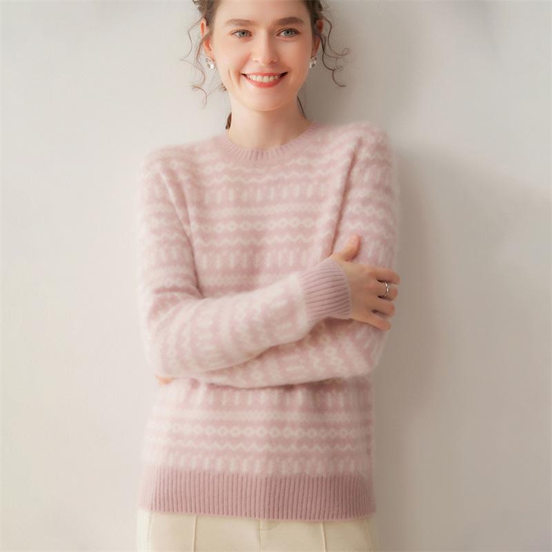 Women's Striped Jacquard Cashmere Sweater - Loose, Slimming Round Neck for Autumn/Winter 2026