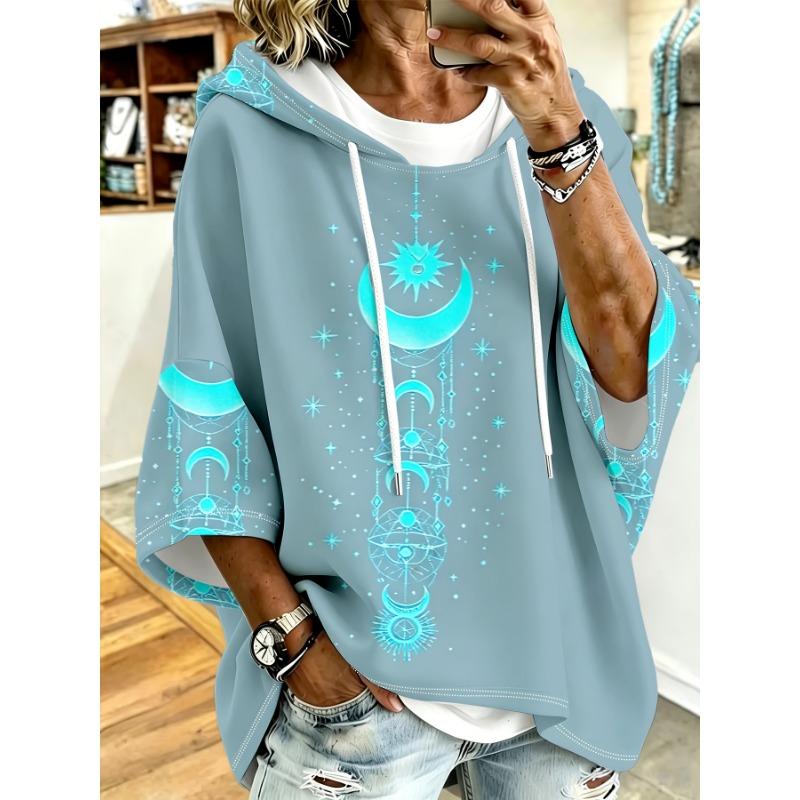 Plus Size Women's Short Sleeve Hooded Top, Blue Moon Star Print Loose Off Shoulder Hoodie