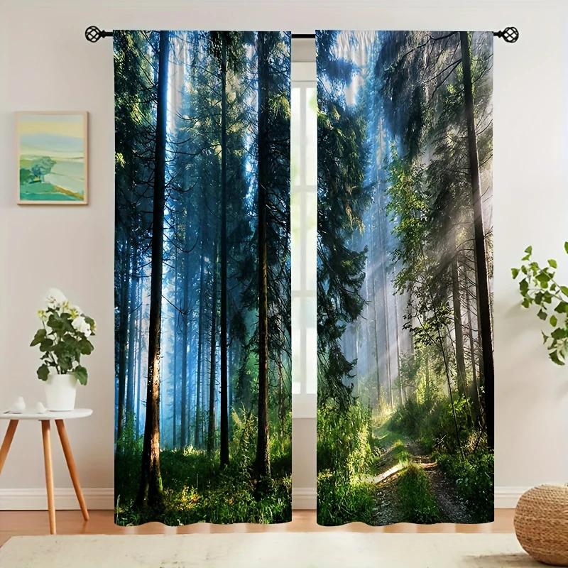 2PCS- Beautiful Forest Pattern Printed Curtains, Pole Bag Curtains, Home Decoration, Room Decoration