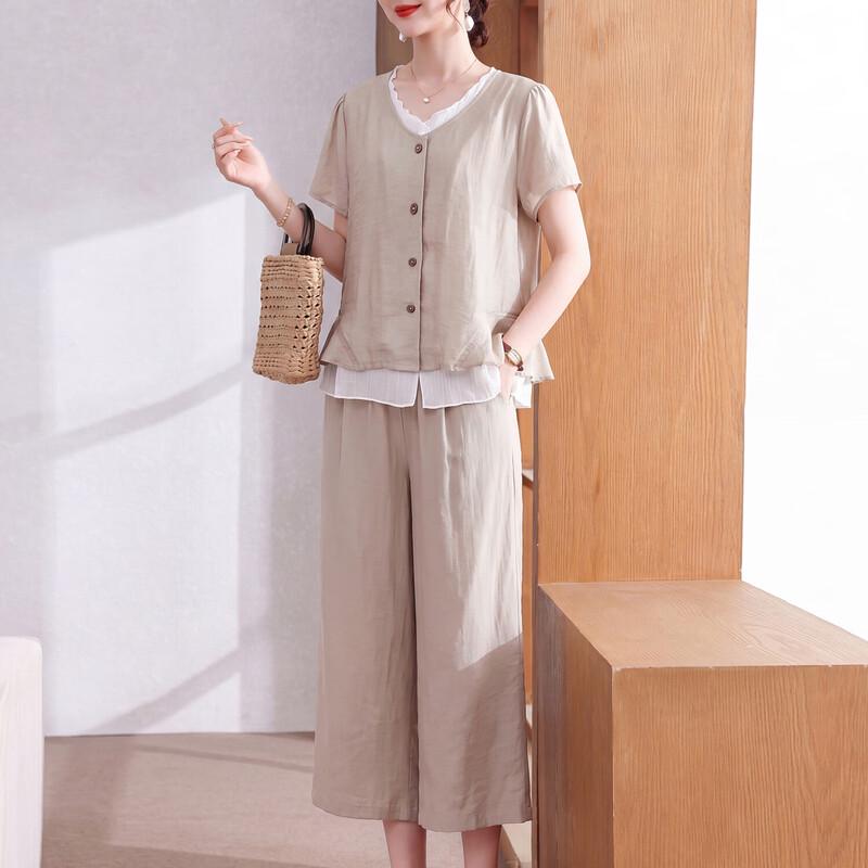 Xuexi 2026 Summer Short-Sleeve Chiffon Two-Piece Outfit for Middle-Aged Women 2XL хаки