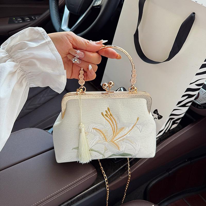 Intricately Embroidered New Chinese Cheongsam Bag - Hanbok Inspired Lily Pattern Multifunctional Women's Shoulder Bag Elegant Traditional Aesthetic