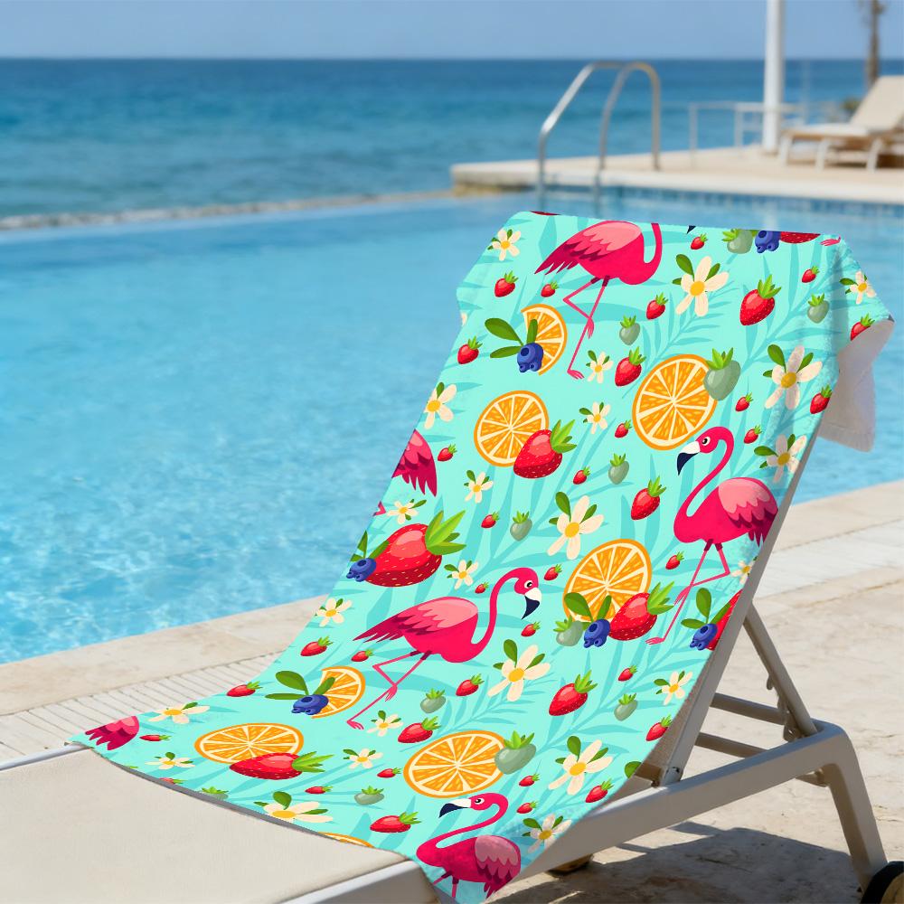 Flamingo & Tropical Fruit Beach Towel – Oversized Quick Dry Sand Free with Strawberry & Orange Print for Summer Fun