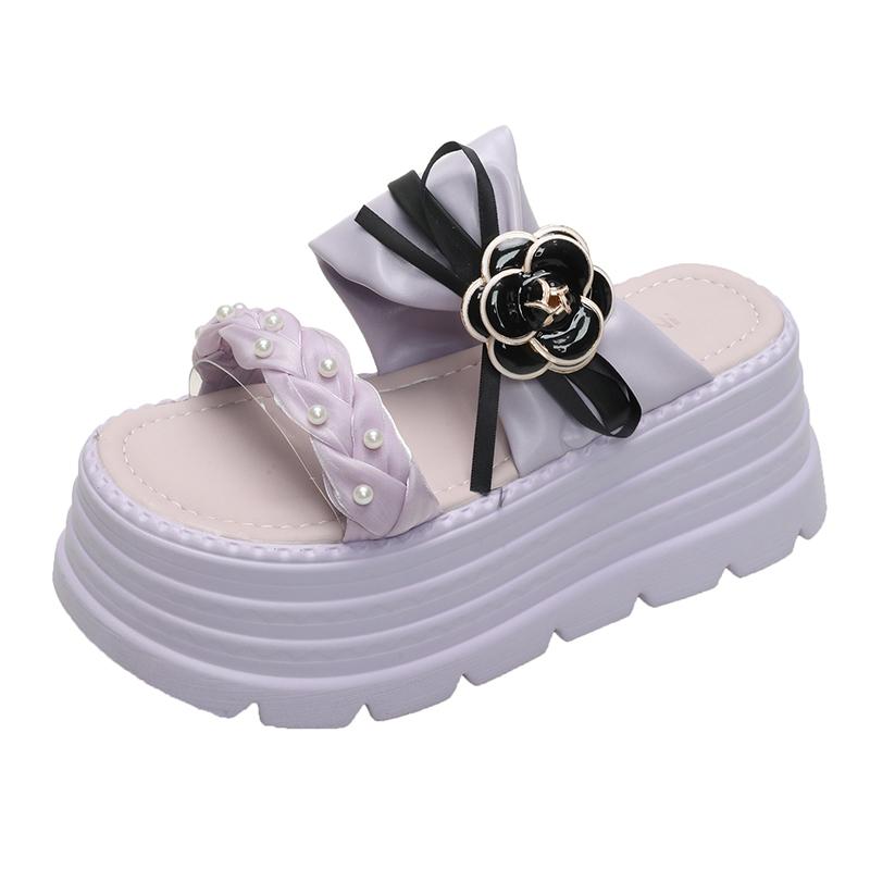 Fashion New 2025 Pearl Strap Chunky Sandals Women Summer High Platform Wedges Slippers Woman Fashion 8CM Heels Thick Bottom Beach Slides