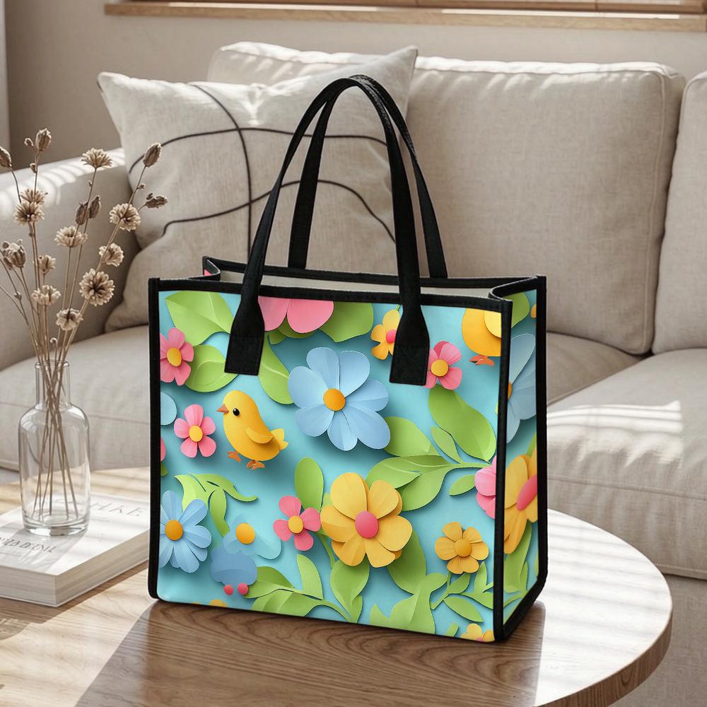 Cute Floral Chick Print Tote Bag Casual Lightweight Durable Shopping Handbag for Daily Outings