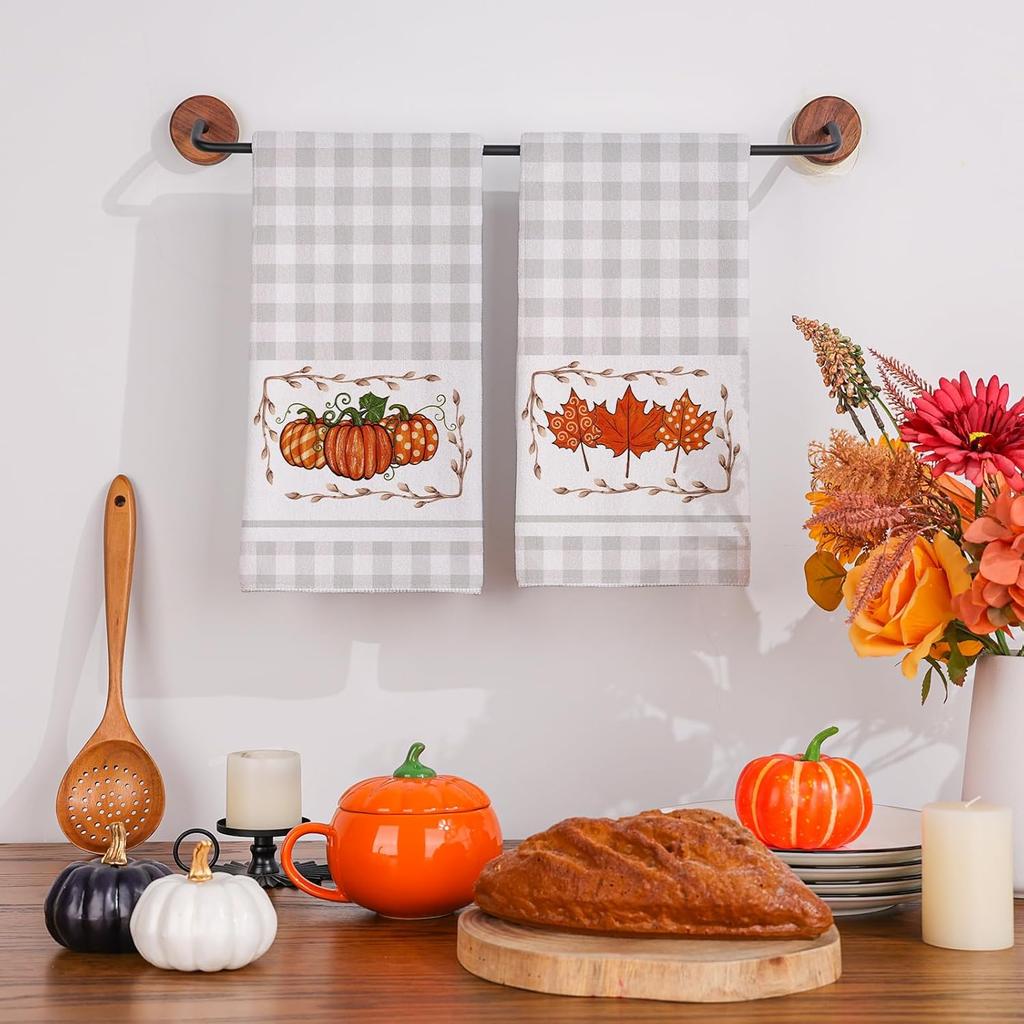 Siilues Fall Kitchen Towels 18x26 Inch Set of 2, Leaves Pumpkin Hand Towels Fall Decorations for Home Seasonal Autumn Thanksgiving Home Kitchen Decor