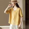 New retro cotton and linen top women's loose and thin V-neck short-sleeved jumper casual solid color T-shirt linen shirt summer