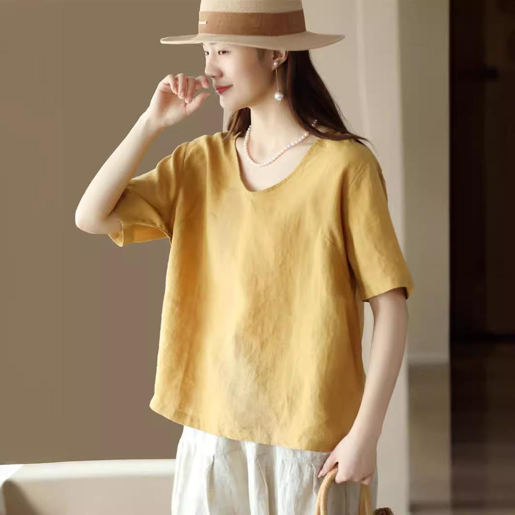 New retro cotton and linen top women's loose and thin V-neck short-sleeved jumper casual solid color T-shirt linen shirt summer