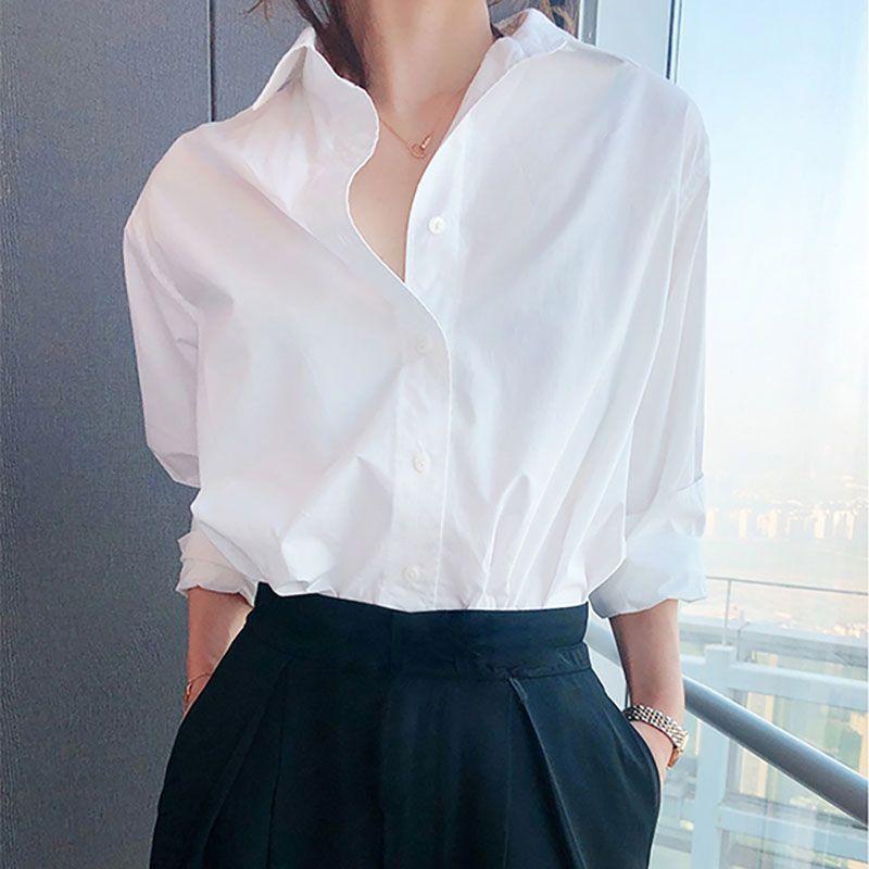 

Spring and Summer Cotton Long Sleeves Shirt Minimalist White Versatile Basic Loose All-Matching Graceful Shirt Female Bandage Dress White S