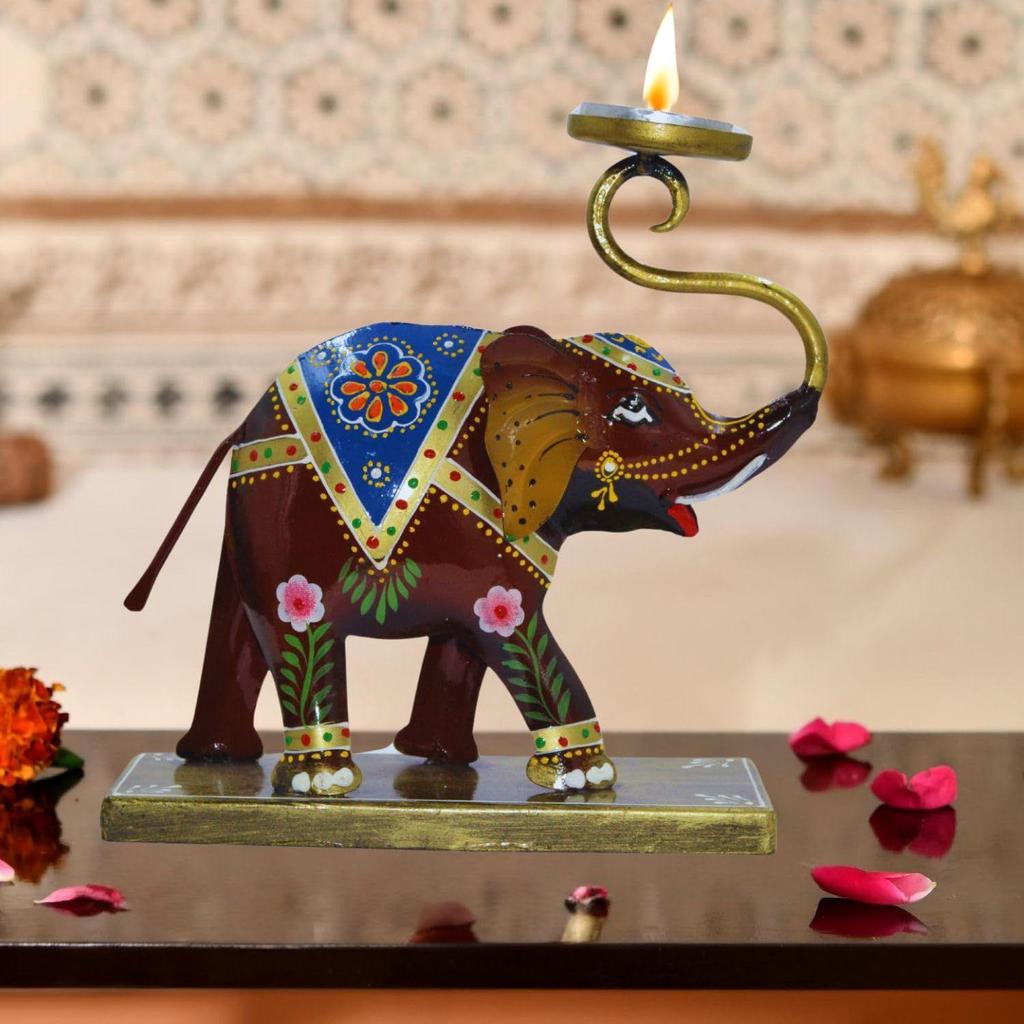 Elefantljusstakar i metall Set om 2, Heminredning - Presentartikel, Dekorativ elefantprydnad för bordsdekoration