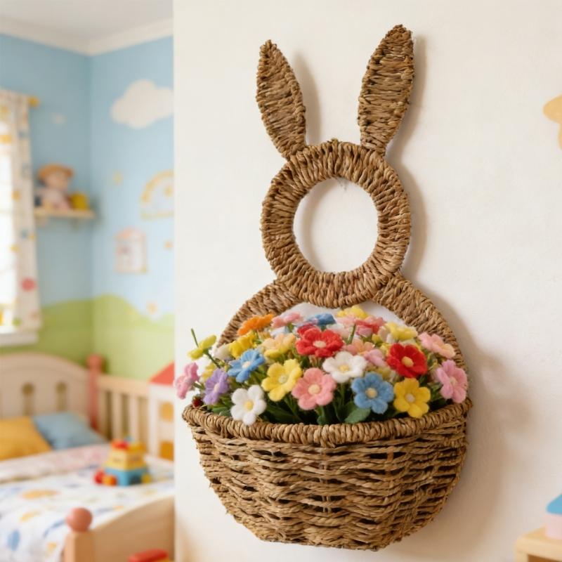 Handwoven Rabbits Ear Shape Flower Basket Natural Rattan Breathable Flower Holder for Home Decors and Storage