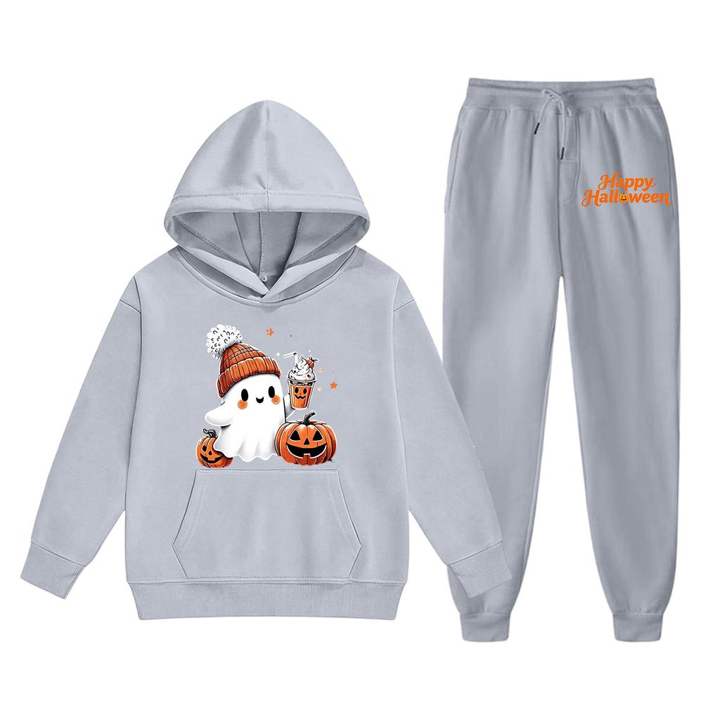 Kids Halloween Hoodie and Sweatpants Set Ghost Pumpkin Print Long Sleeve Pullover Top and Elastic Waist Bottoms Casual Outfit for Children