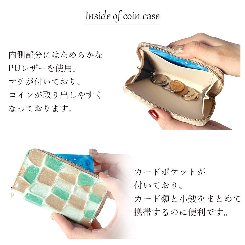 Leo&Aoi Echtes Leder Münzbeutel, Geprägtes Rundes Reißverschluss-Etui, Kleines Portemonnaie, Kompakt, Schlicht, Rindsleder, Damen-Etui, Buntglas-Muster,