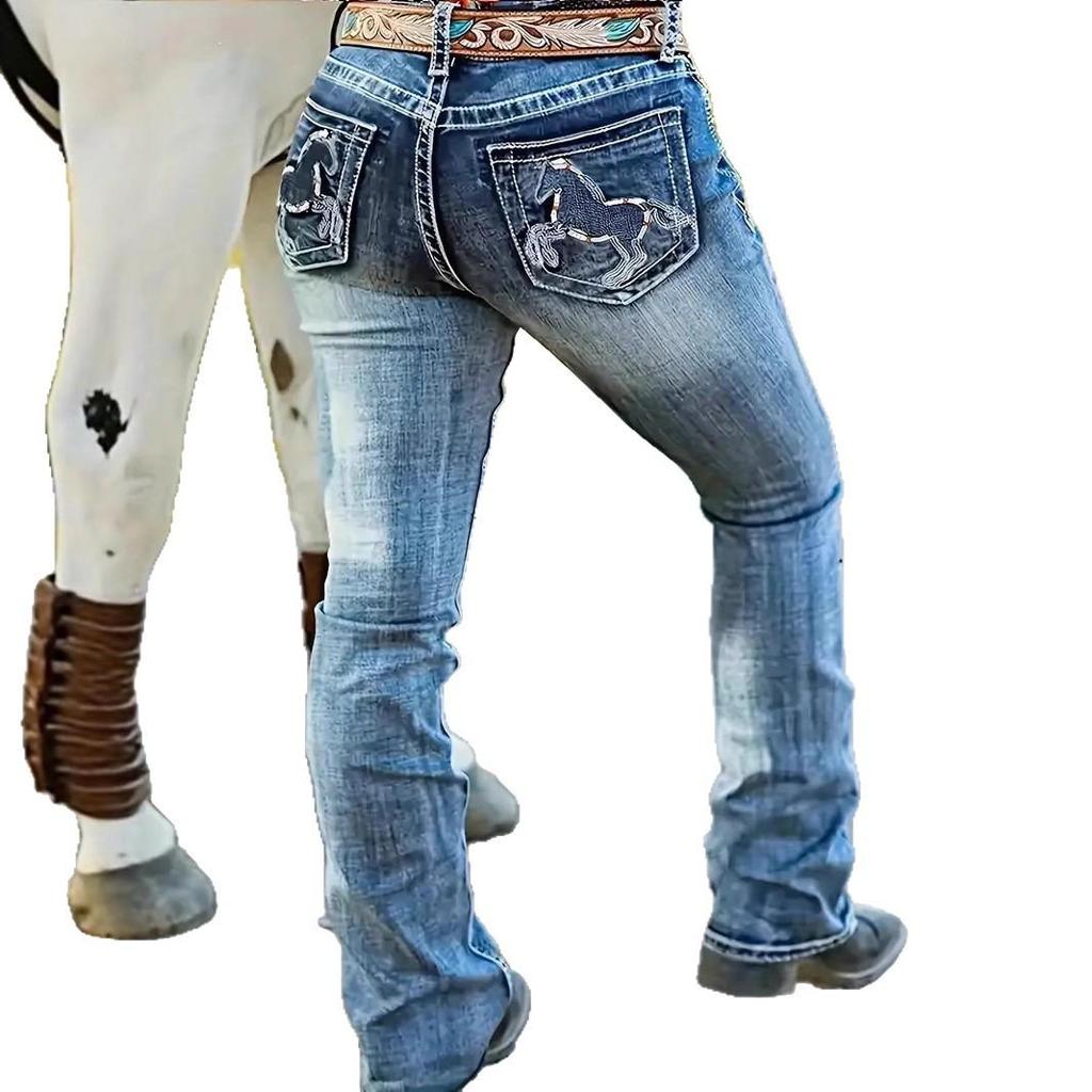 European and American Style Horse Embroidery High Waist Elastic Denim Straight Leg Pants for Women