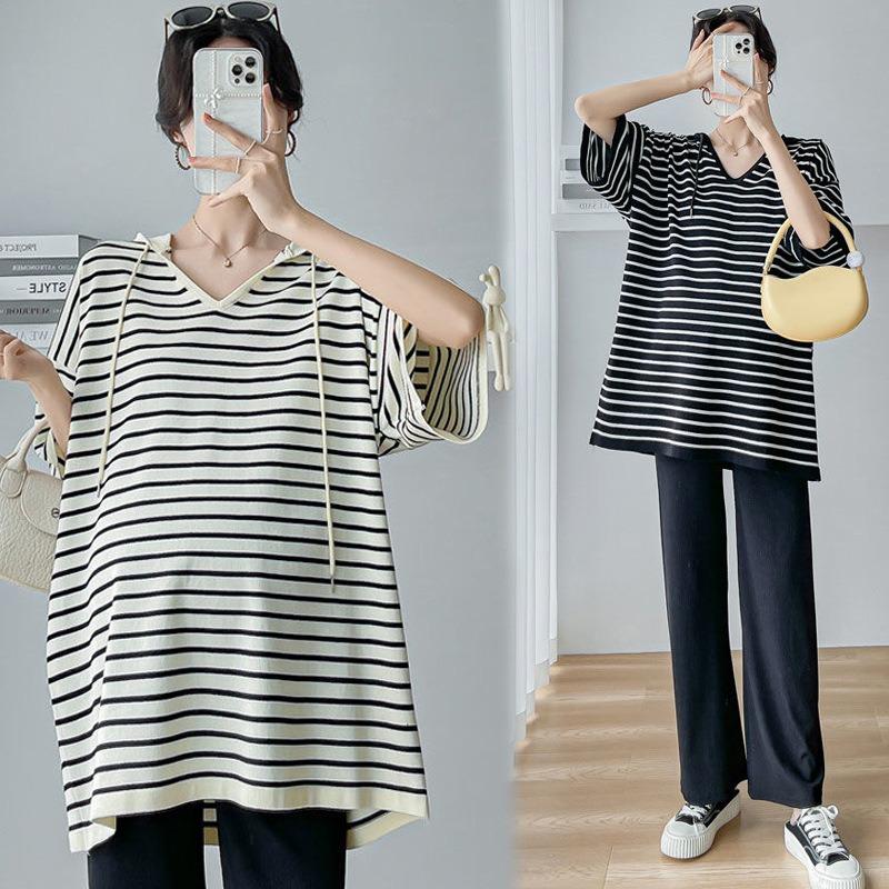Maternity Clothes Summer Large Size Striped Medium-sleeved Hooded Mi To Cover the Belly and Look Thin Without Showing Off the Trendy Shirt