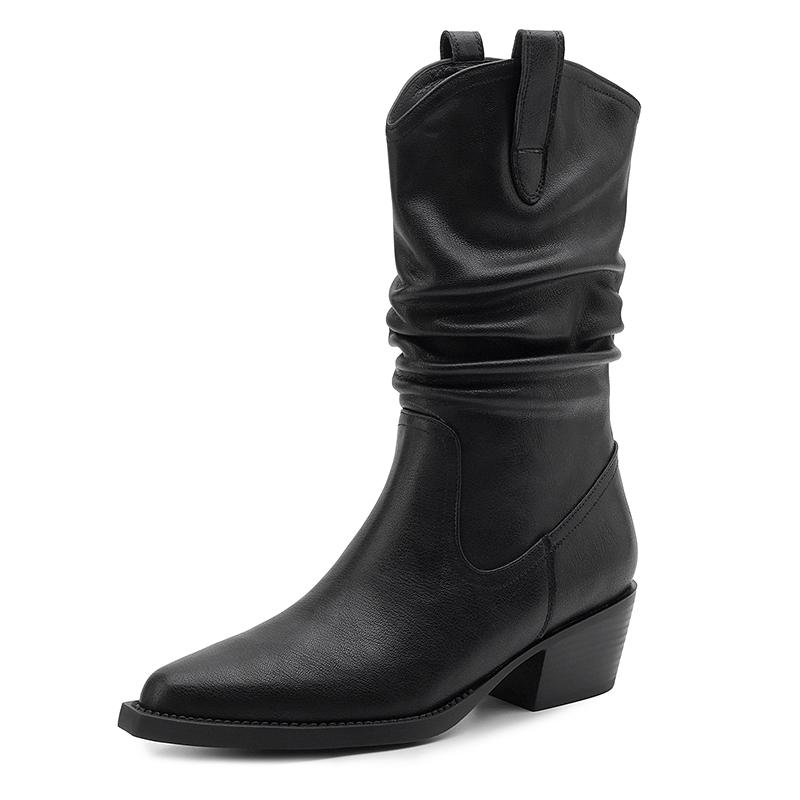 

Fashion NEW Autumn Women Boots Pointed Toe Chunky Heel Shoes Split Leather Shoes for Women Casual Slip-on Short Boots Western Boots 41 чёрный