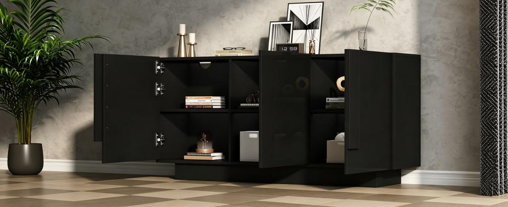 Wohnzimmer Sideboard (35 x 160 x 60 cm), Schrank mit 3 Türen, Hochglanz-Stauraum, 6 Regalfächer, Breit, Schwarz, Spanplatte, Leicht zu reinigen