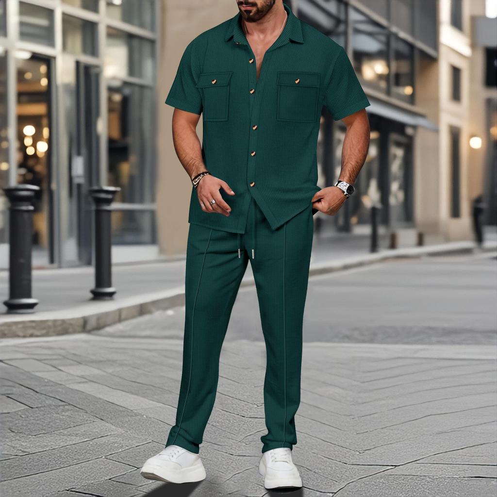 Men's Solid Color Button Pocket Short Sleeve Shirt and Long Pants Two-Piece Set - Summer 2025 Collection