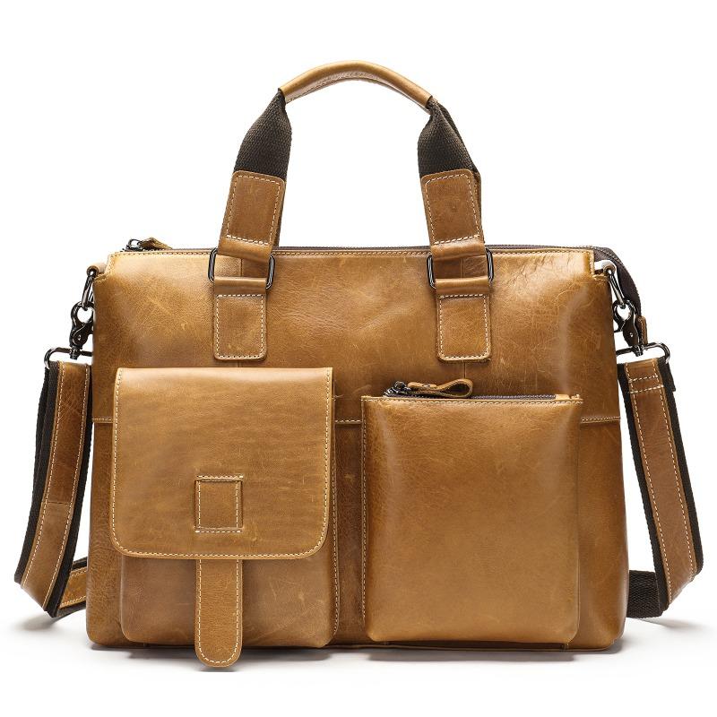 Herren-Aktentasche aus Leder im Vintage-Stil, Oberschicht aus Rindsleder, Schultertasche, Business-Computertasche