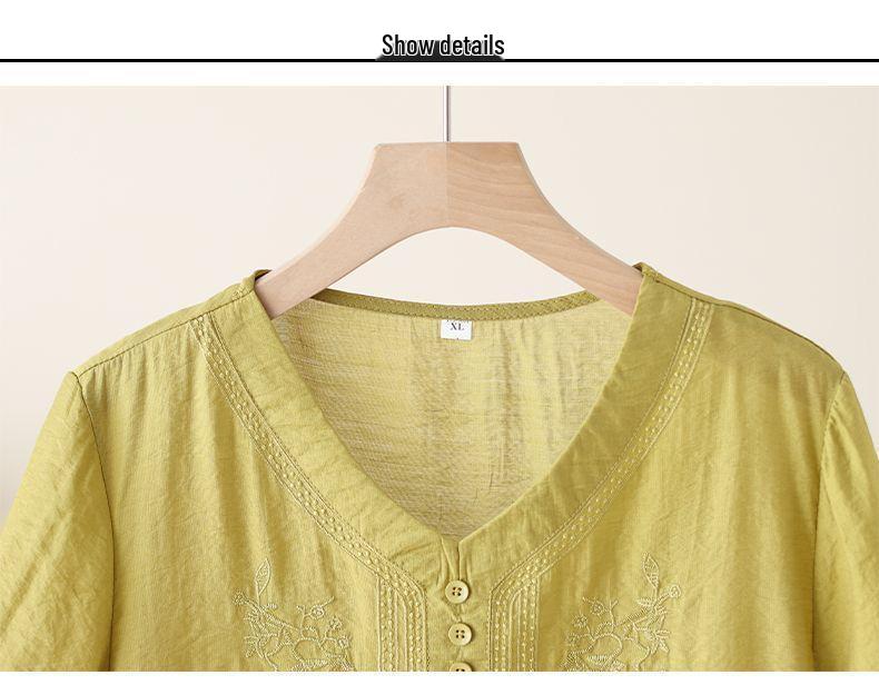 Women's Tencel Linen Embroidered Short-Sleeve Top & Pants Set for Summer - Middle-Aged Mother's Style.
