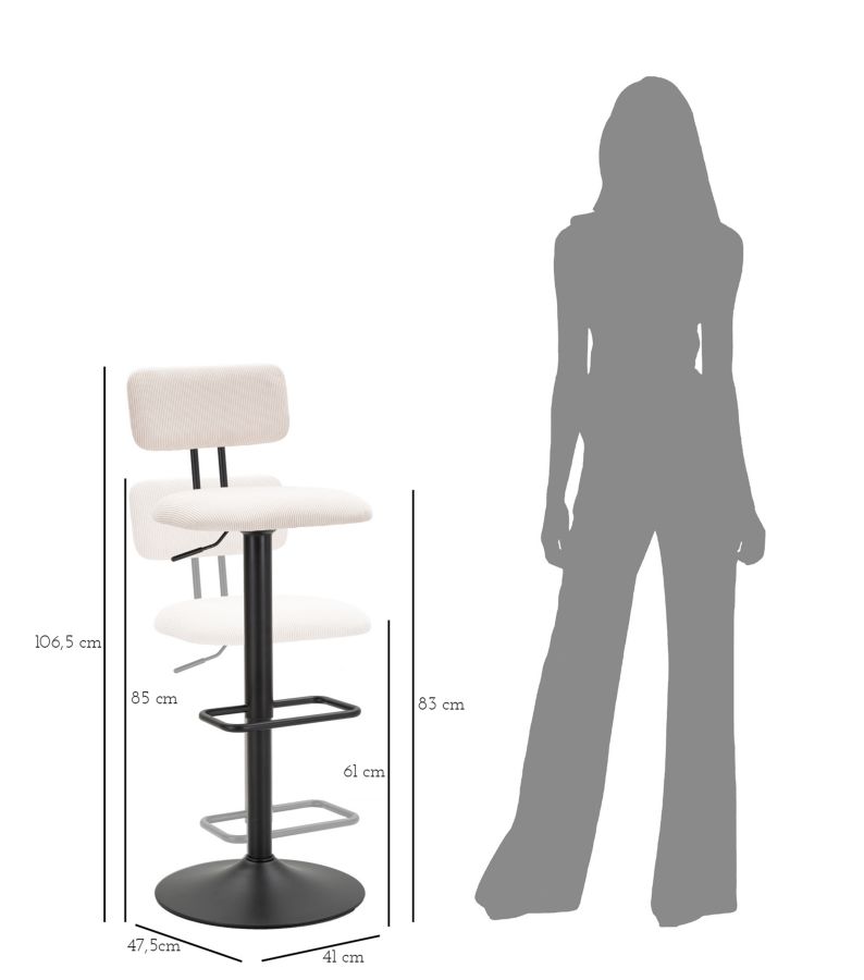 Bar Stool With Lift Light White Cm 41X47,5X85-106,5(Seat Cm 61-83) Set 2Pcs