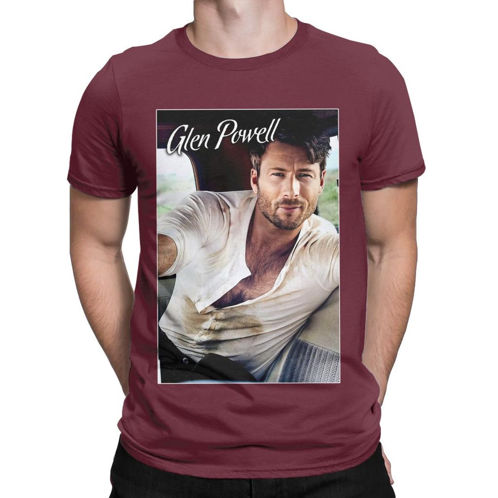 Men Glen Powell 90s Retro T Shirts Cotton Clothes Vintage Short Sleeve Crewneck Tee Shirt Classic T-Shirts