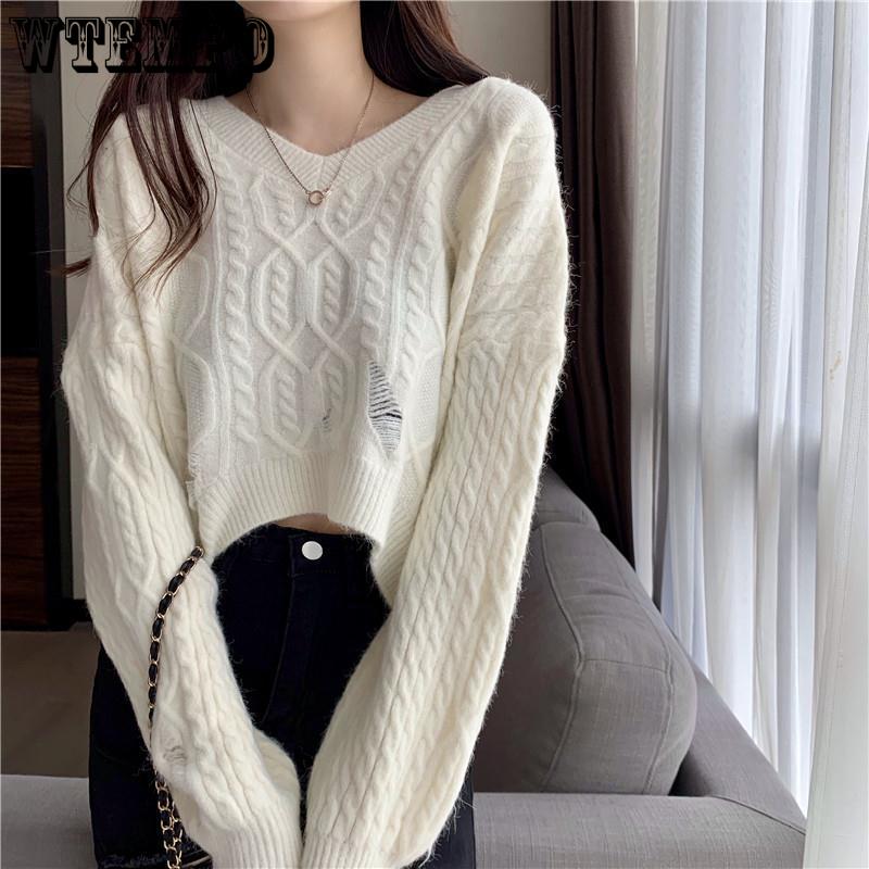 WTEMPO V-neck Cropped Pullover Sweater Women Simple Twist Sweaters For Women Solid Color Basic Long Sleeve Autumn Clothes