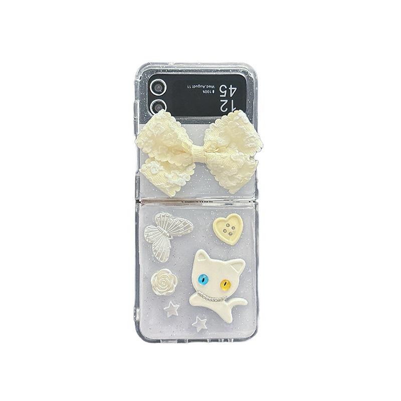 

For Samsung Zflip6 Bow Cat Phone Case Foldable Zfold5 Flip Transparent Glitter W24 Women For Samsung ZFlip3