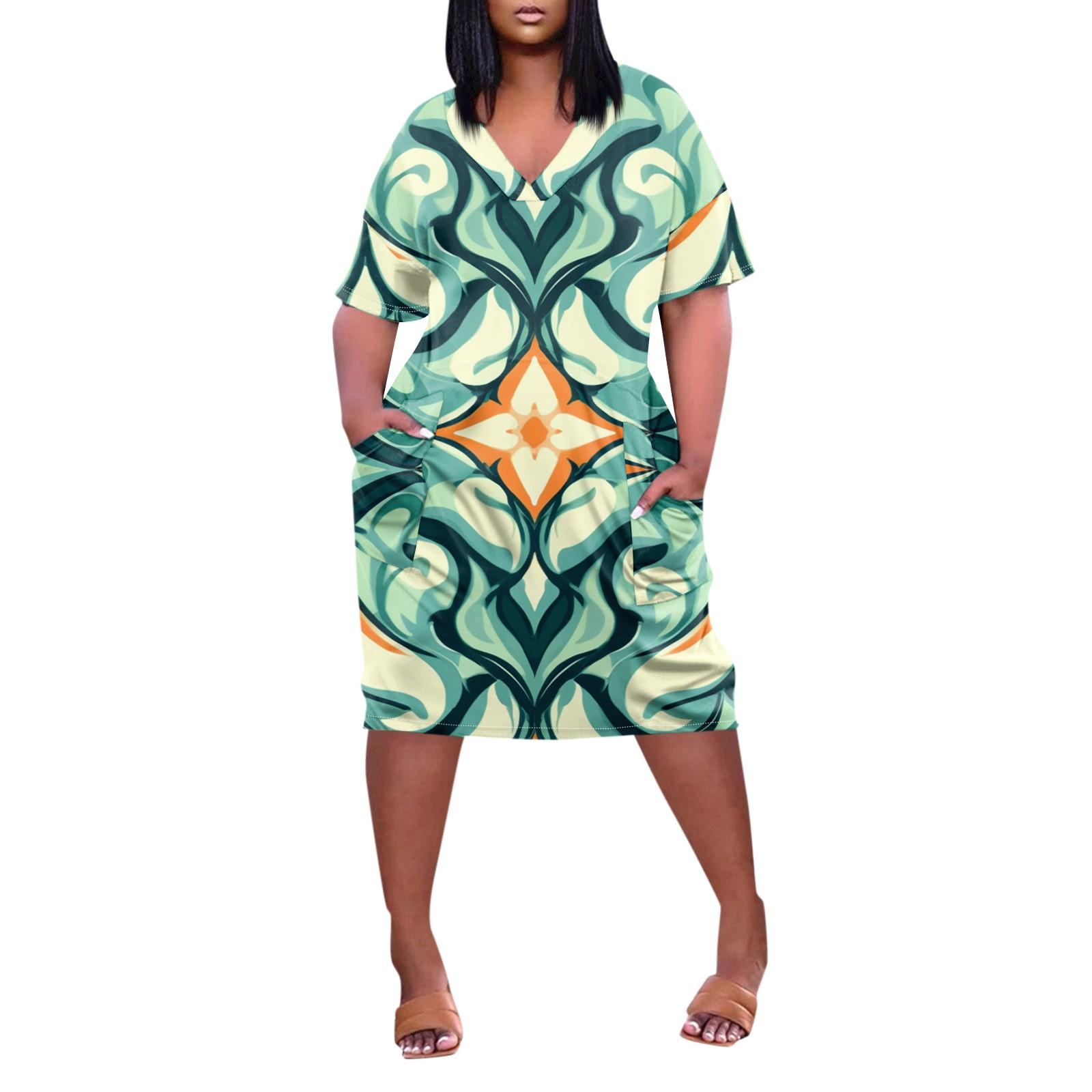 

Женское летнее повседневное платье больших размеров с v-образным вырезом и коротким рукавом с принтом и карманами M