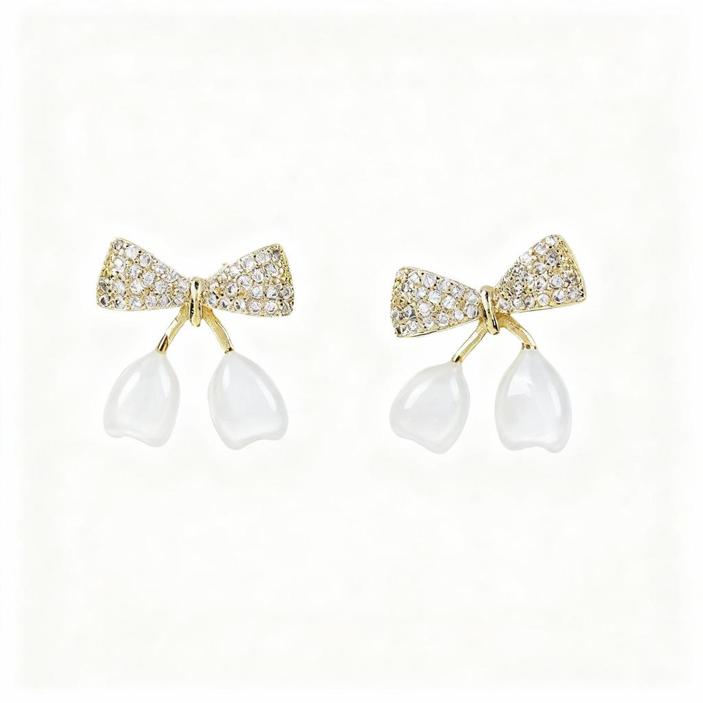 Elegant French S925 Silver Bow Cherry Dangle Earrings - Fashionable Micro-Paved Autumn/Winter Jewelry