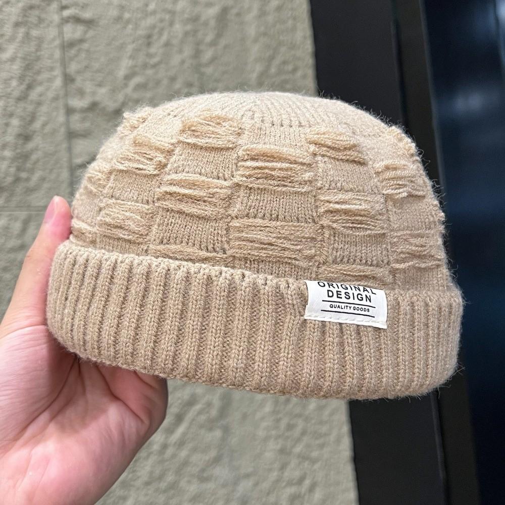 Thick Knitted Beanie Cap Solid Color Cuff Trawler Hat Retro Docker Cap