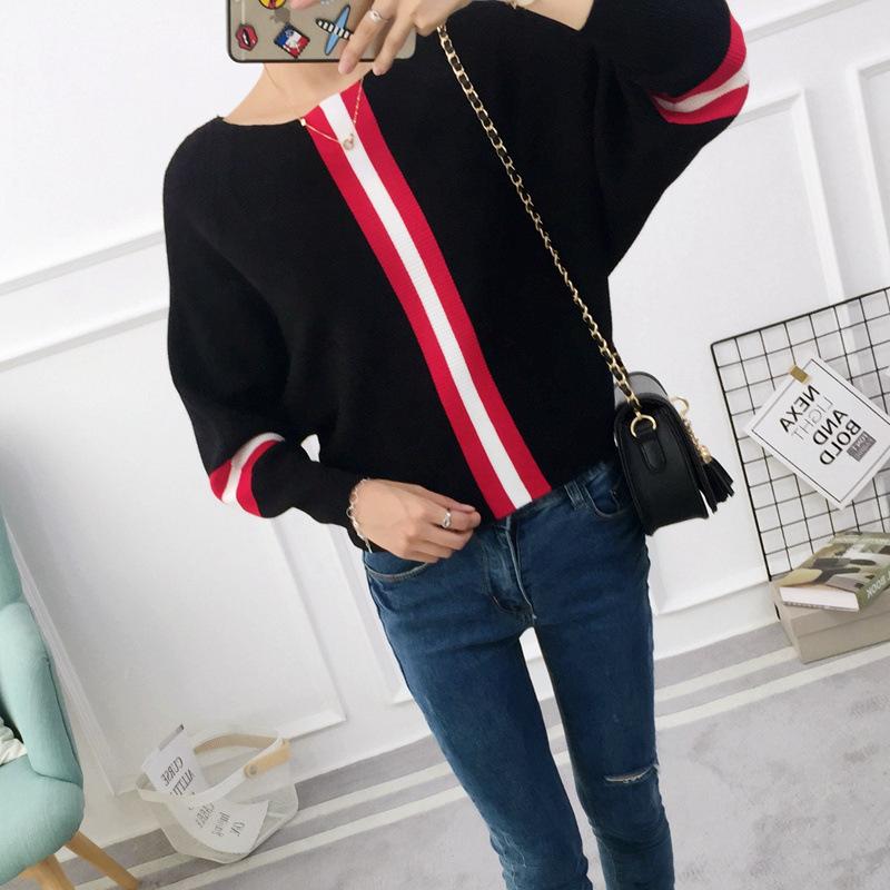 2022 neue Herbst Winter Frauen Pullover Pullover Streifen Kontrast Farbe Fledermaus Ärmel Strick Jumper Lose Kurze Tops Outwear Pull Femm