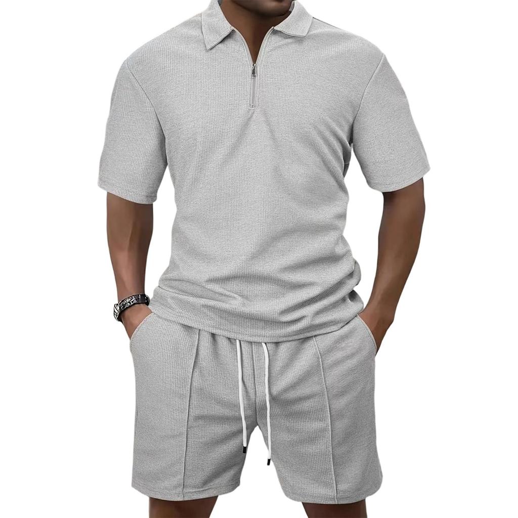 Men's  Sports  Leisure  Half  Zipper  Short  Sleeves  Shirt   And  Pull  Rope  Shorts  Set