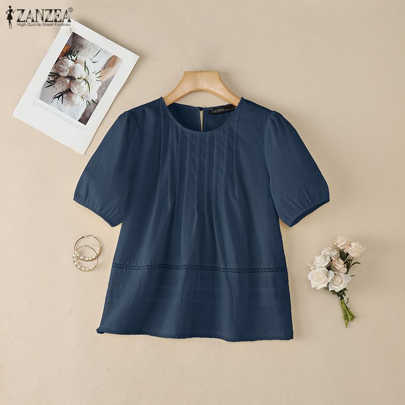ZANZEA Damen Freizeit Rundhals Sommer Kurzarm Baumwollbluse