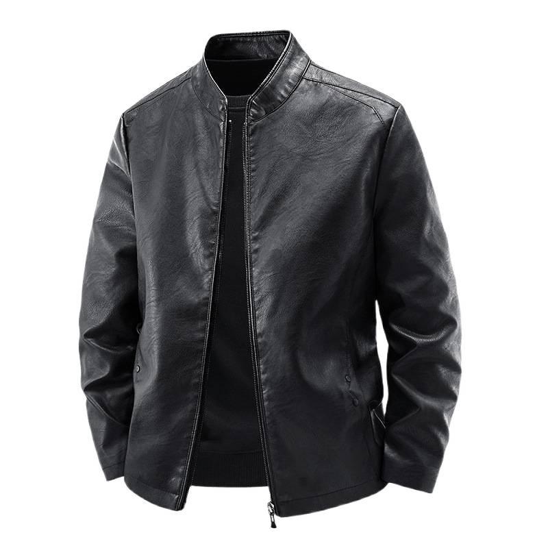 Men's Slim Fit Genuine Leather Jacket with Stand Collar and Velvet Lining - Casual Motorcycle Outerwear