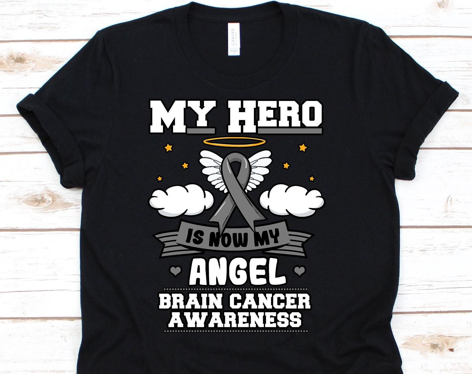 My Hero Is Now My Angel Shirt, Cancer Awareness For Brain Cancer Warrior Fighter Survivor, Grey Ribbon Tshirt For Brain Cancer S