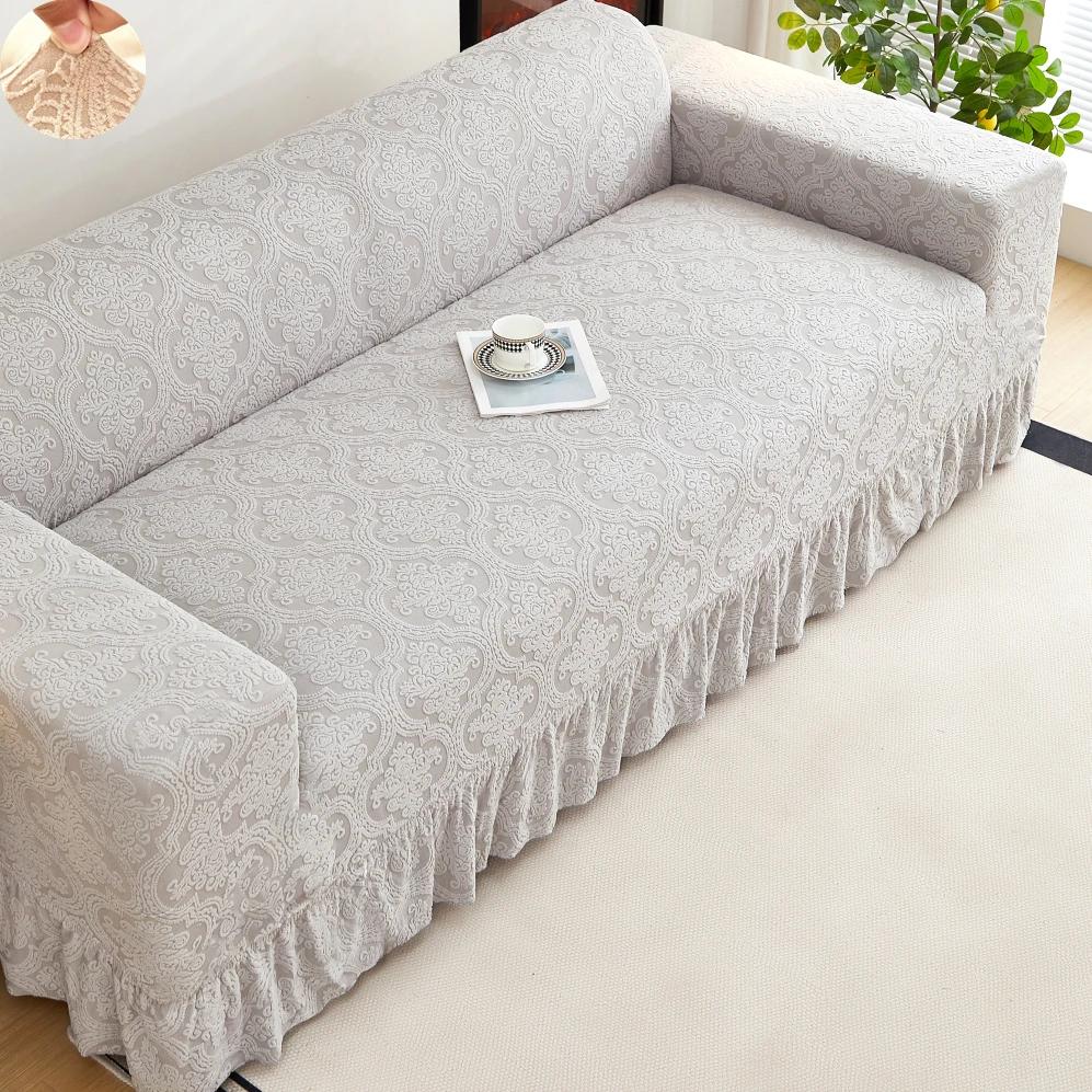 Non-slip Stretch Couch Cover 1/2/3/4 Seater Jacquard Solid Color Sofa Cover With Skirt for Bedroom Office Living Room Home Decor